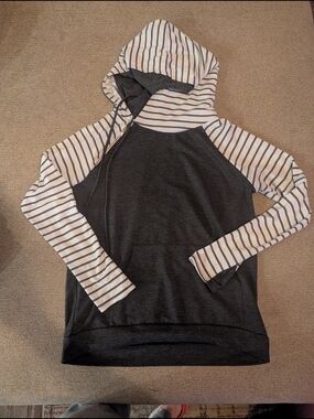 7th Ray Charcoal Gray Hoodie with White and Black Striped Sleeves